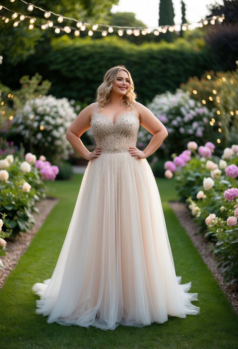 A curvy bride wearing a romantic tulle skirt with a beaded bodice, standing in a lush garden surrounded by blooming flowers and twinkling fairy lights