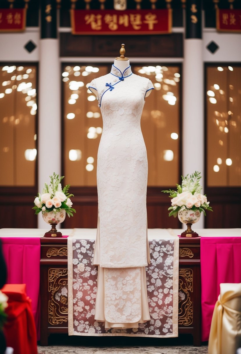 A delicate lace cheongsam displayed on a traditional Korean wedding altar