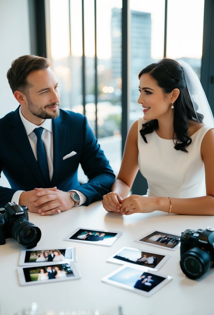 A couple sits across from a photographer, discussing wedding photo expectations over a table with sample images and a camera