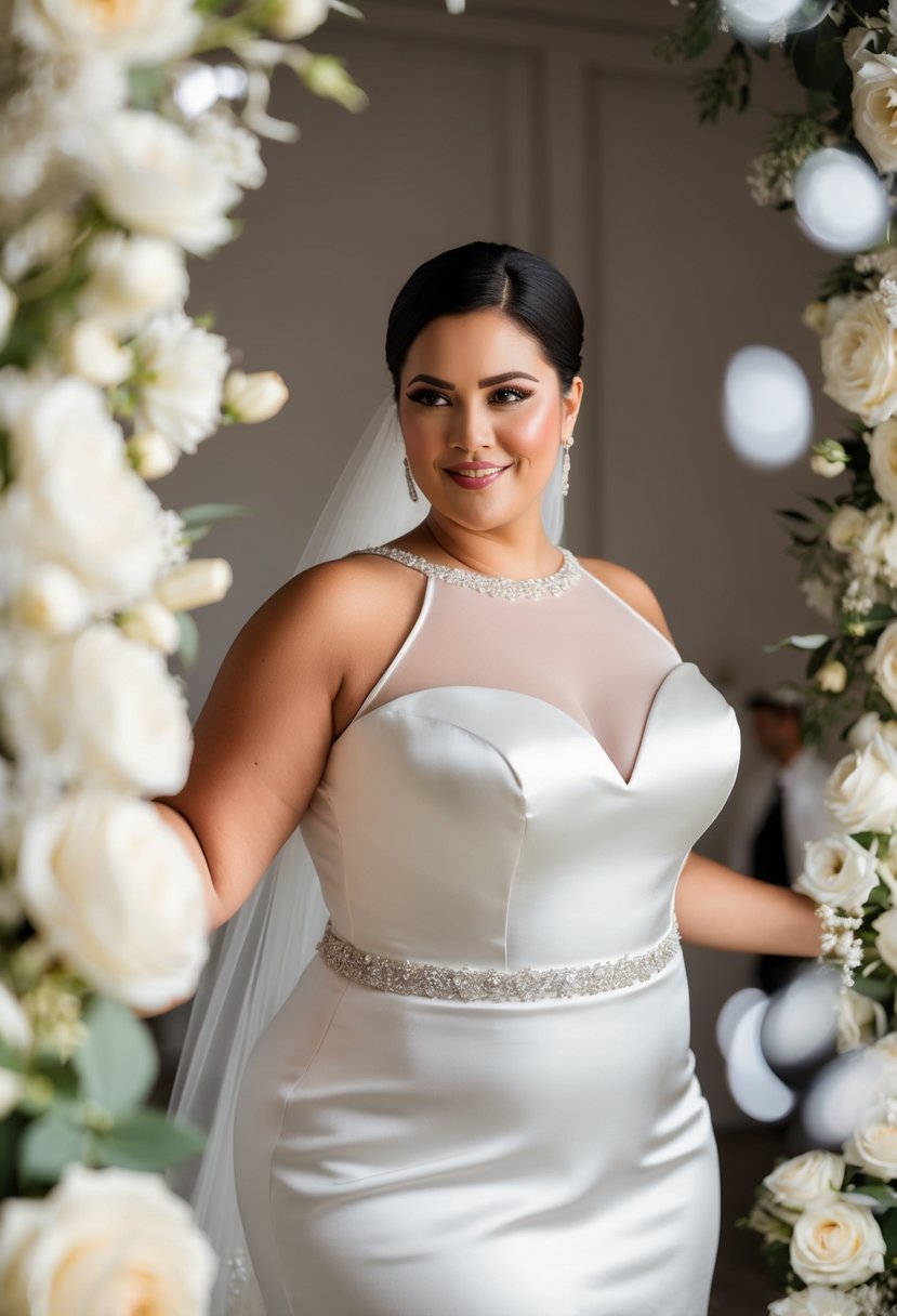 A curvy bride in a satin dress with illusion neckline, surrounded by elegant wedding decor