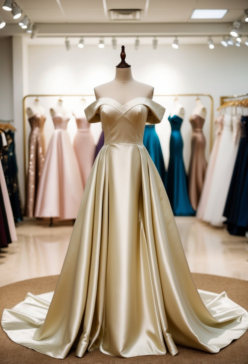 An elegant off-shoulder satin gown displayed on a mannequin in a softly lit showroom