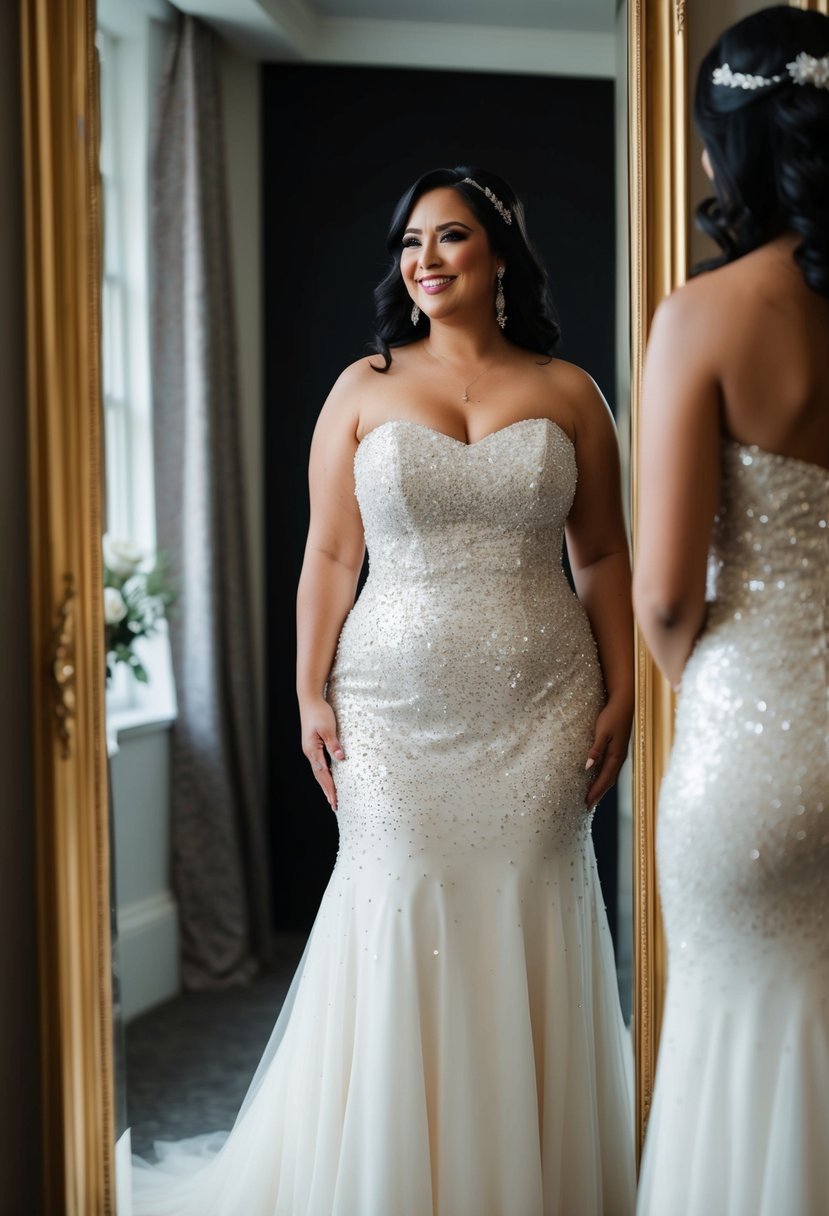 A curvy bride in a sequin-accented strapless gown, standing in front of a full-length mirror, admiring her reflection