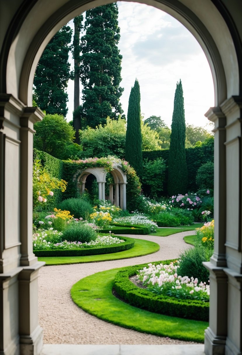 A lush garden with a winding path and blooming flowers, framed by a grand archway and surrounded by tall trees