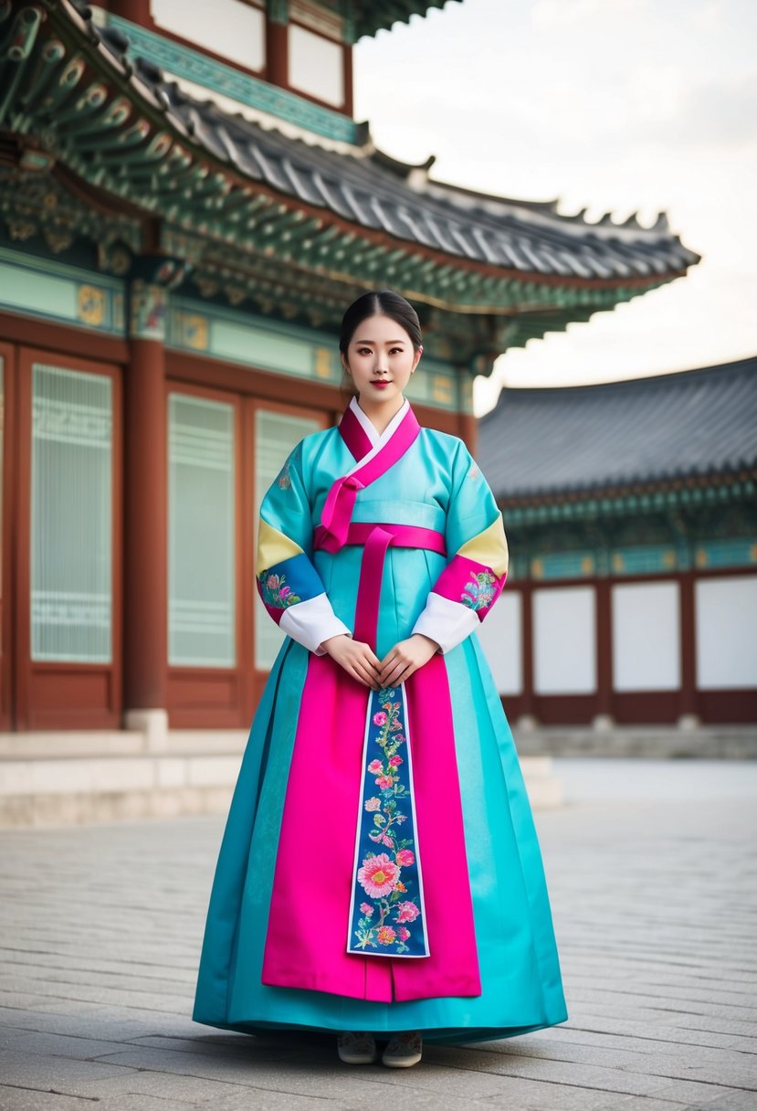 A modern hanbok in vibrant colors, with sleek lines and intricate embroidery, set against a backdrop of traditional Korean architecture