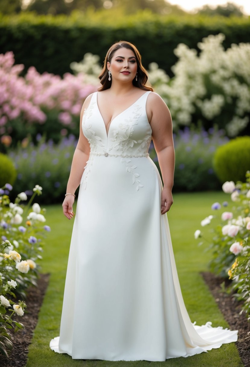 A curvy bride wearing a V-neckline wedding dress with delicate floating appliqués, standing in a garden surrounded by blooming flowers