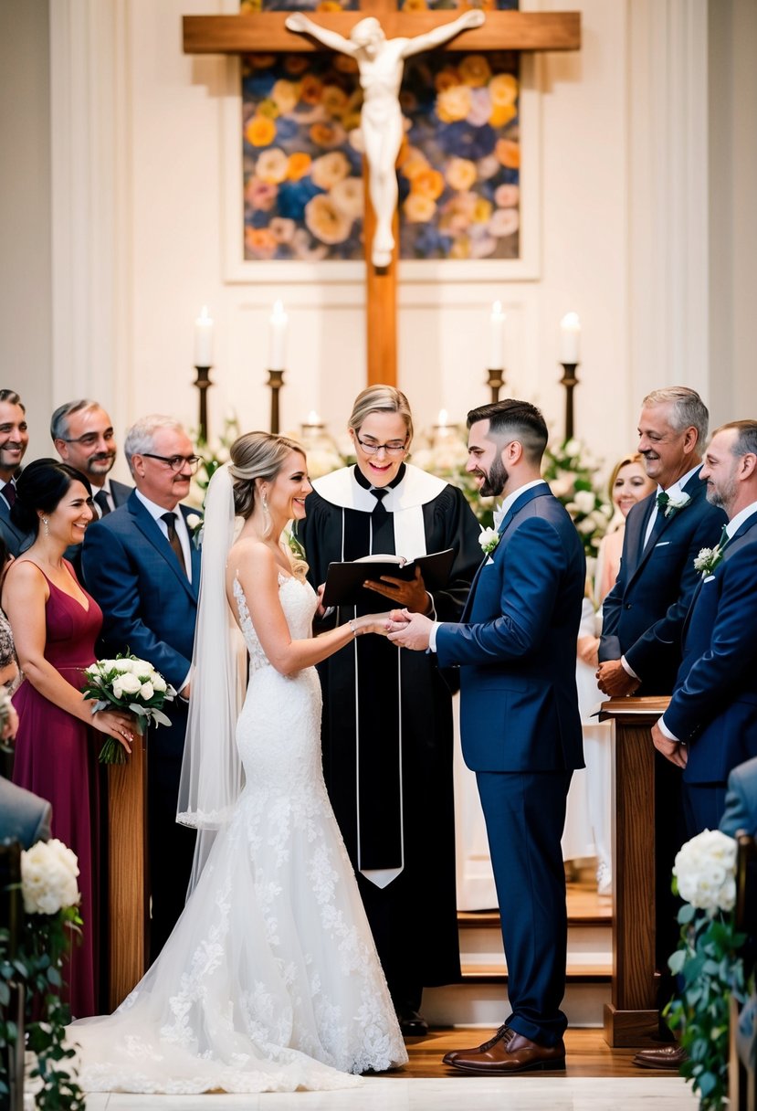 A bride and groom exchanging vows at the altar, surrounded by family and friends, with the officiant presiding over the ceremony