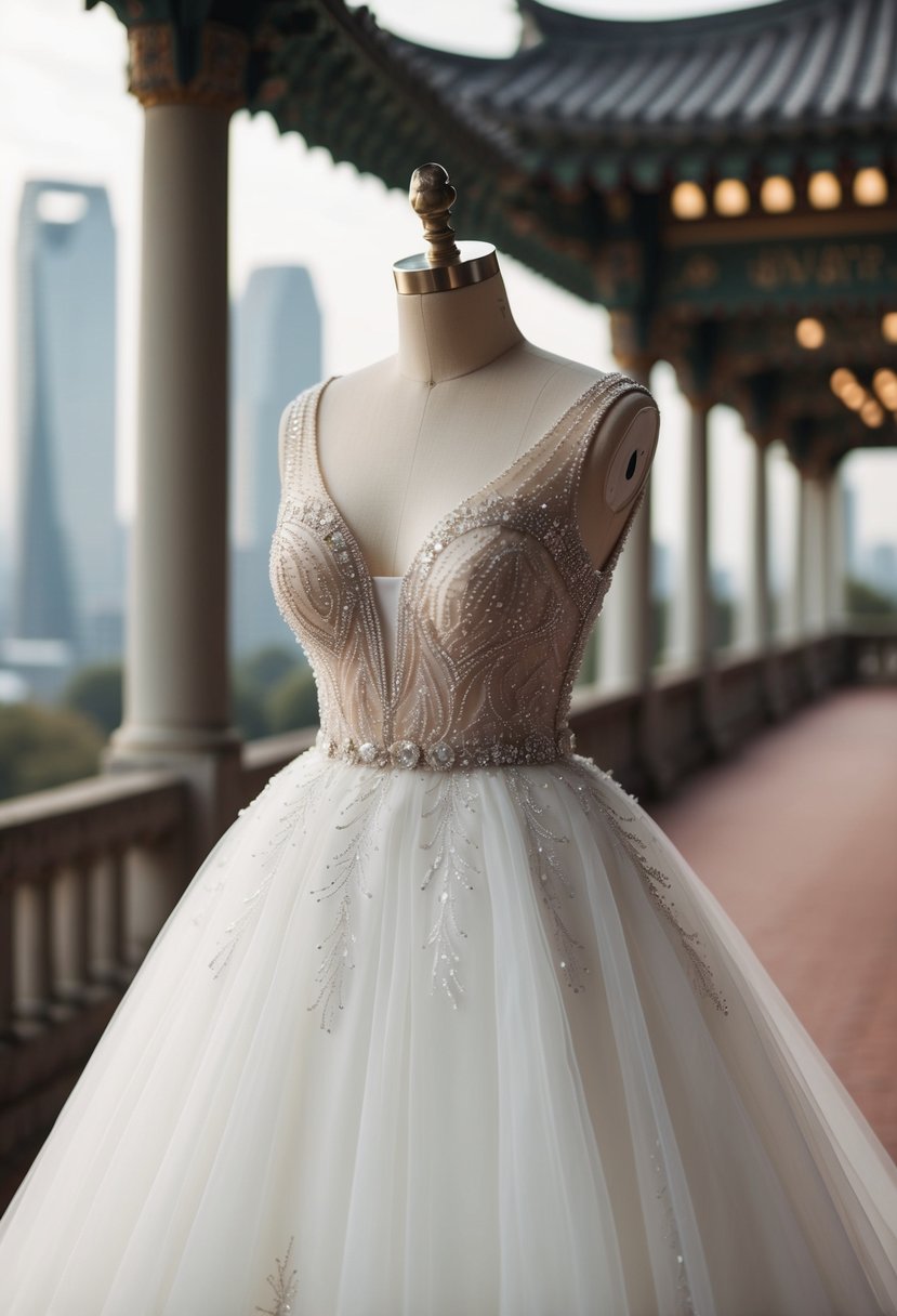 A beaded bodice tulle skirt wedding dress with Korean-inspired details