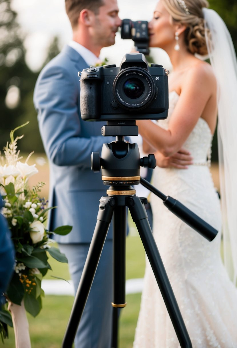 A second camera with a different lens is set up on a tripod, positioned to capture the intricate details of the wedding ceremony, such as the exchange of rings or the couple's first kiss