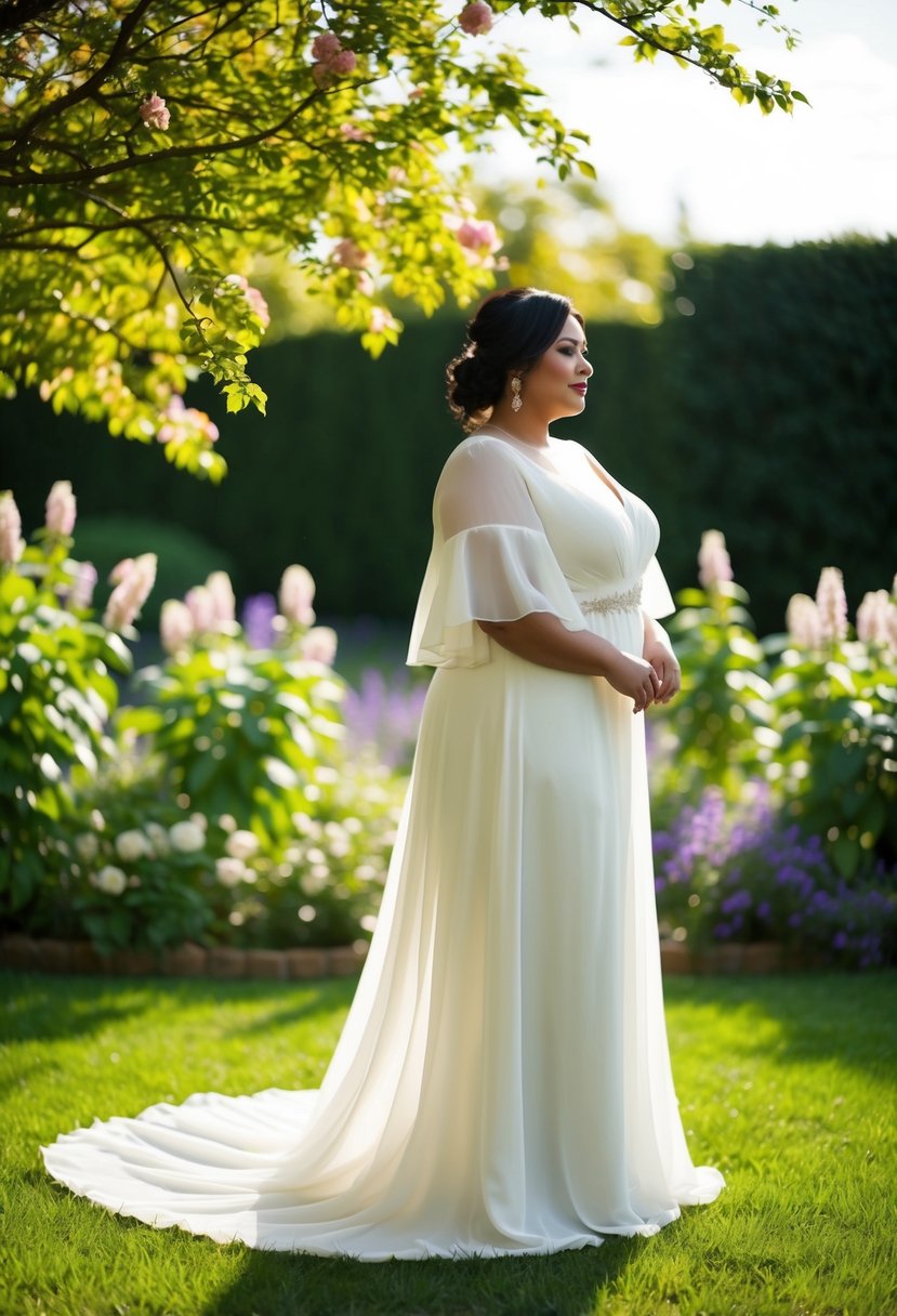 A curvy bride stands in a garden wearing a flowy chiffon gown with flutter sleeves, her silhouette framed by blooming flowers and dappled sunlight