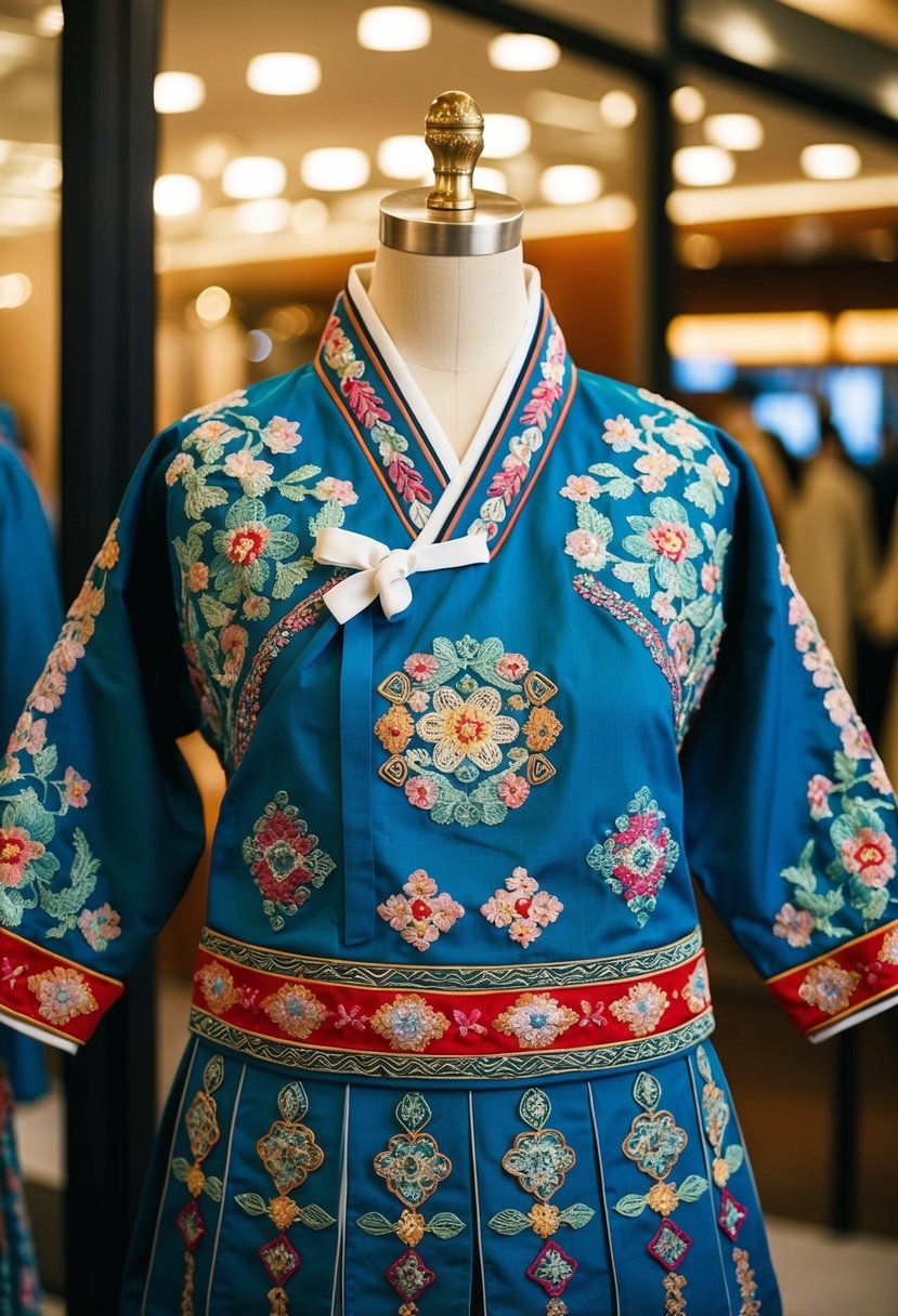 A traditional Korean motif embroidered dress displayed on a mannequin