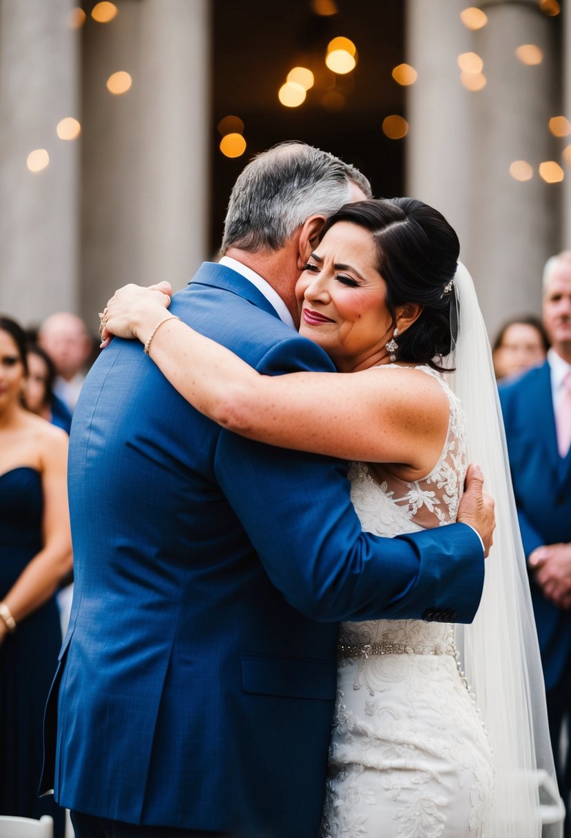 A tearful embrace between the bride and her father before walking down the aisle