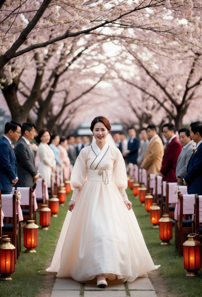 A bride in a vintage organza dress walks through a traditional Korean wedding ceremony, surrounded by cherry blossom trees and lanterns