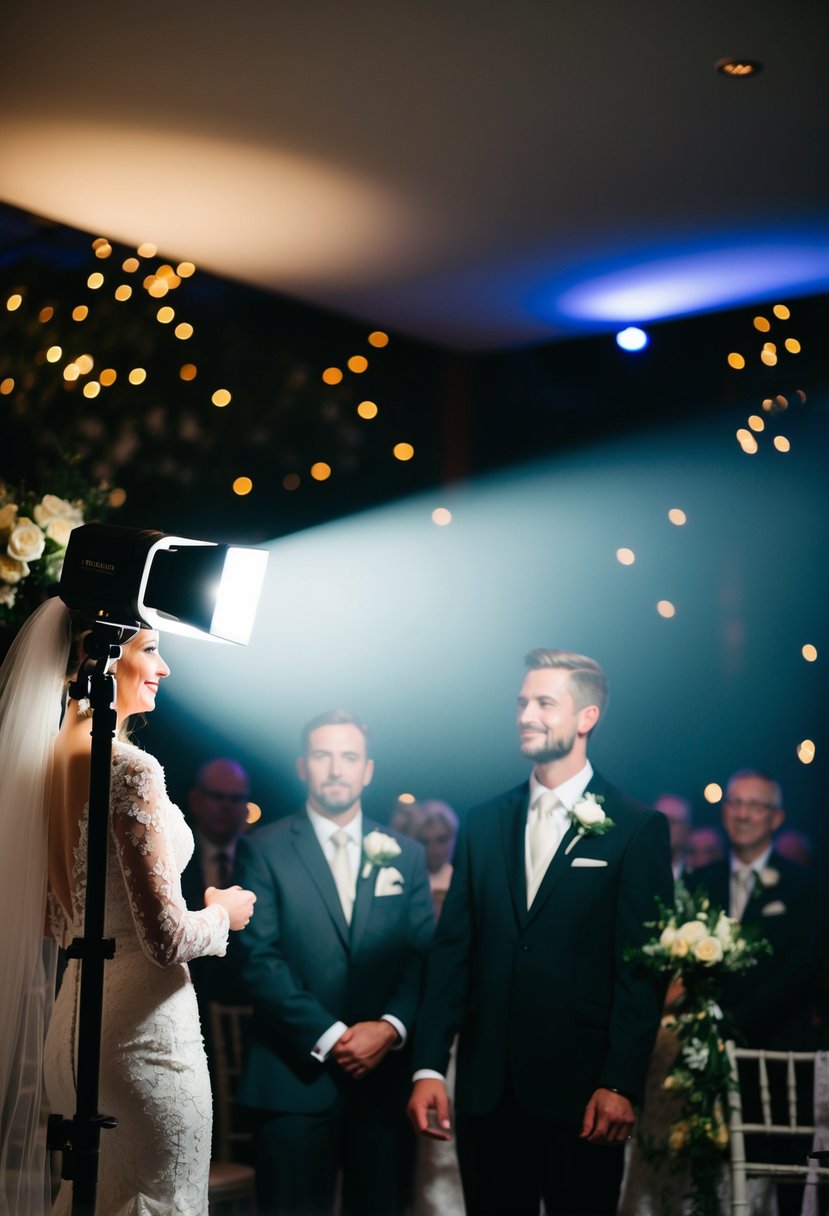 An off-camera flash illuminates a dimly lit wedding ceremony, casting dramatic shadows and highlighting the intricate details of the decor and surroundings