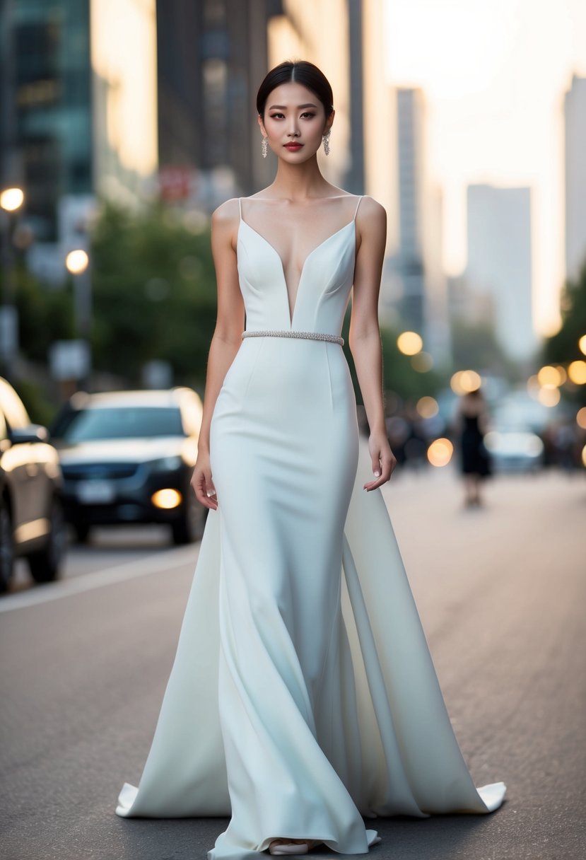 A sleek, modern crepe gown with clean lines and subtle details, inspired by Korean wedding fashion