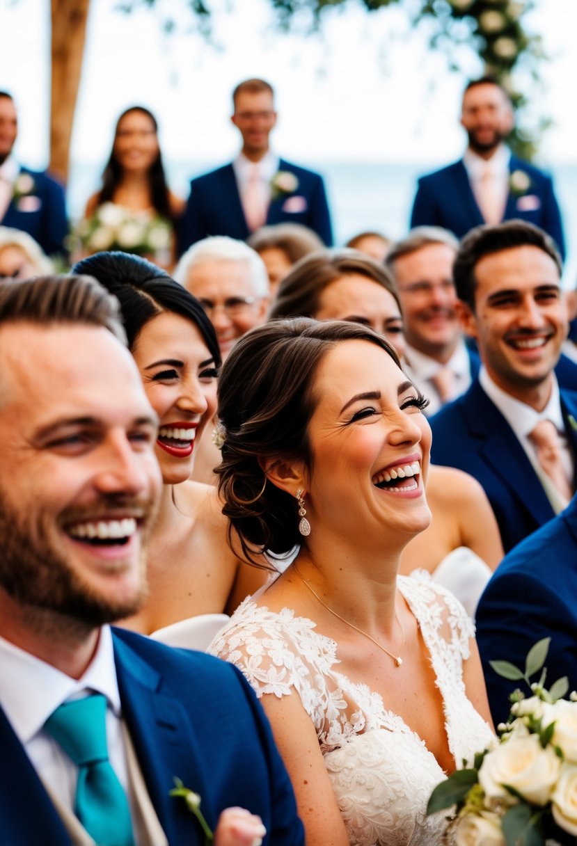 Guests laughing and chatting during the ceremony, with the bride and groom in the background