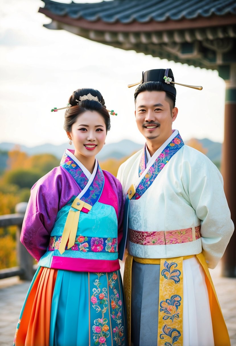 A bride and groom stand side by side, both wearing traditional two-piece Hanbok sets in vibrant colors, with intricate embroidery and flowing silhouettes