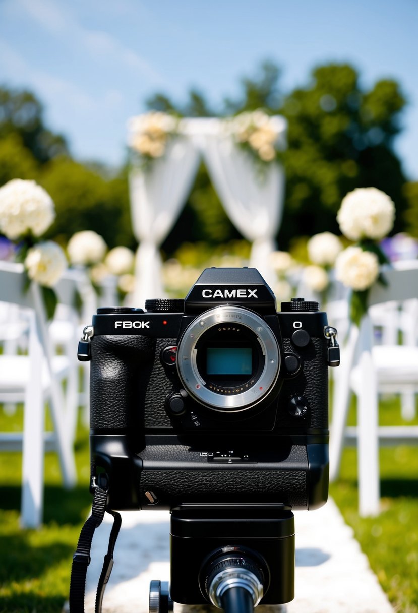 A camera with dials and buttons set to adjust exposure in a bright, outdoor wedding ceremony setting