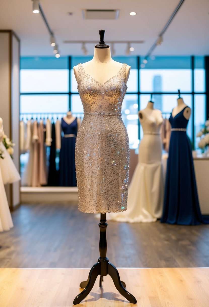 A sequin-adorned sheath dress displayed on a mannequin in a modern Korean wedding boutique