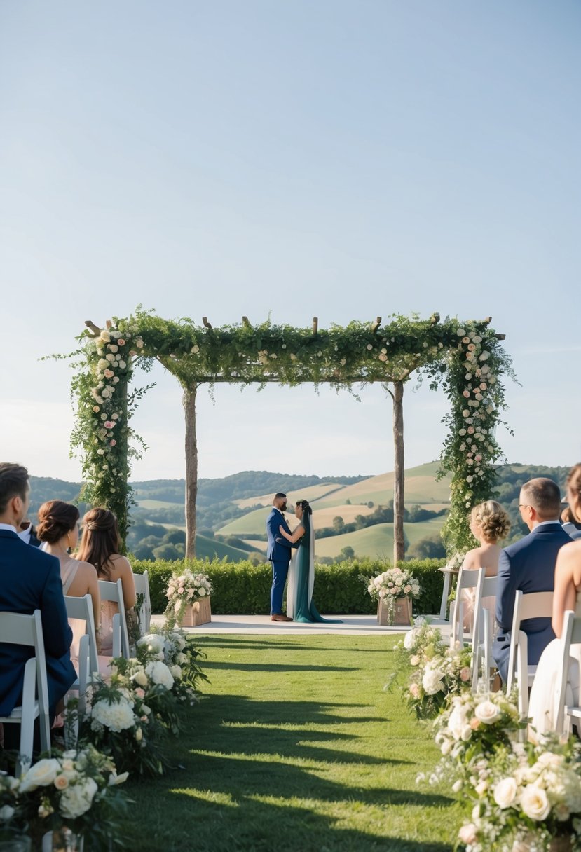 A serene outdoor wedding ceremony with lush greenery and blooming flowers, set against a picturesque backdrop of rolling hills and a clear blue sky