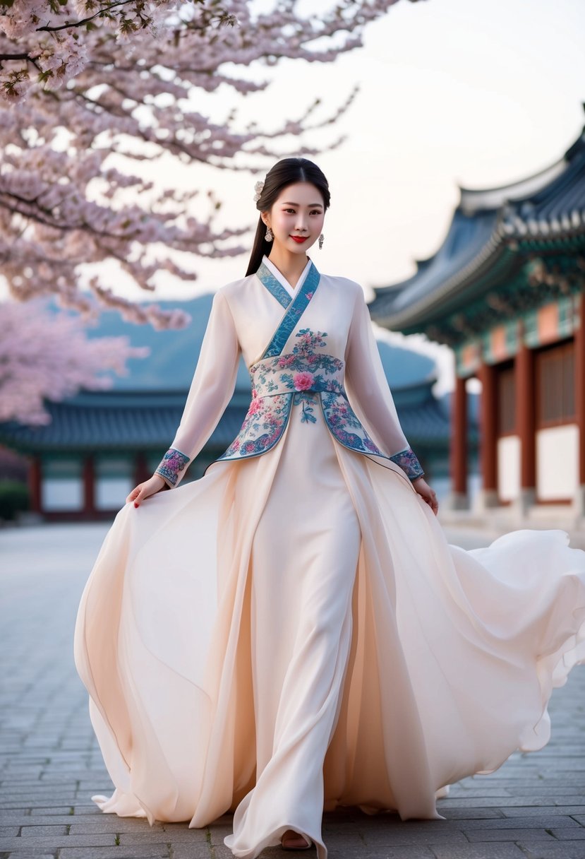 A flowing silk chiffon gown with intricate Korean-inspired details, set against a backdrop of cherry blossoms and traditional Korean architecture