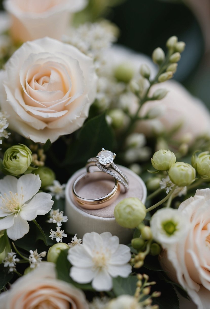 A close-up of elegant wedding rings nestled among delicate blooms and decorative details, capturing the essence of the ceremony