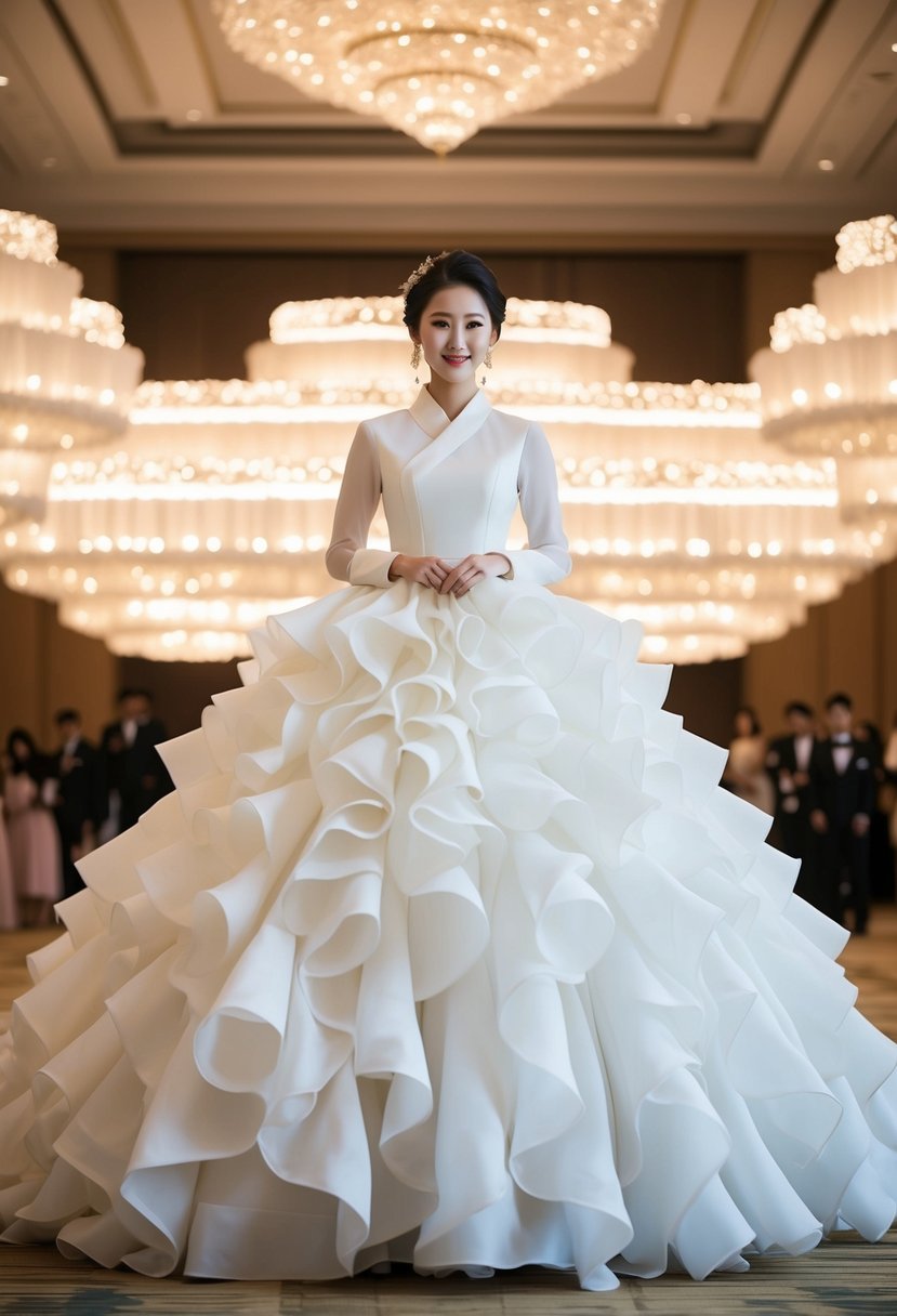 A grand ballroom with cascading tiers of ruffles on a voluminous Korean wedding dress