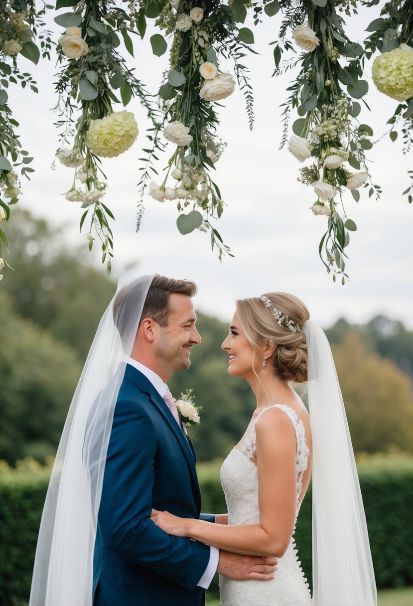 A discreet photographer captures the exchange of vows from behind a veil of hanging flowers and foliage