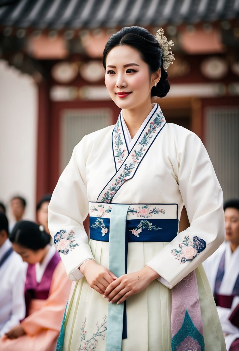 A bride wearing a Hanbok with an illusion neckline, adorned with intricate embroidery and delicate details, standing in a traditional Korean wedding ceremony setting