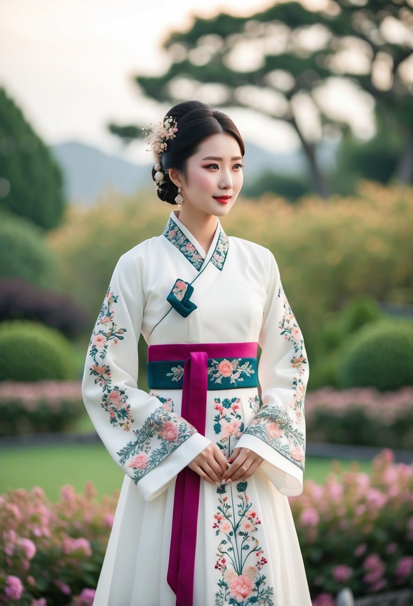 A traditional Korean wedding dress with long sleeves, adorned with intricate embroidery and delicate floral patterns, set against a backdrop of a serene garden