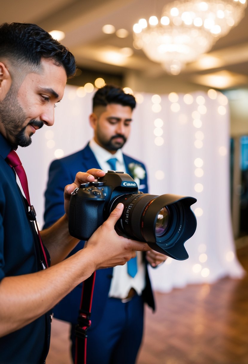 A photographer adjusting camera settings and testing different angles with the wedding venue as the backdrop