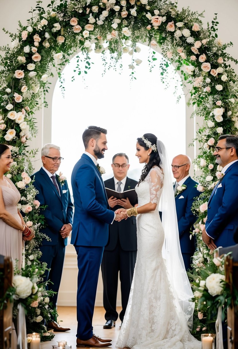 A bride and groom exchange vows under a floral archway, surrounded by family and friends. The ceremony is filled with traditional customs and rituals