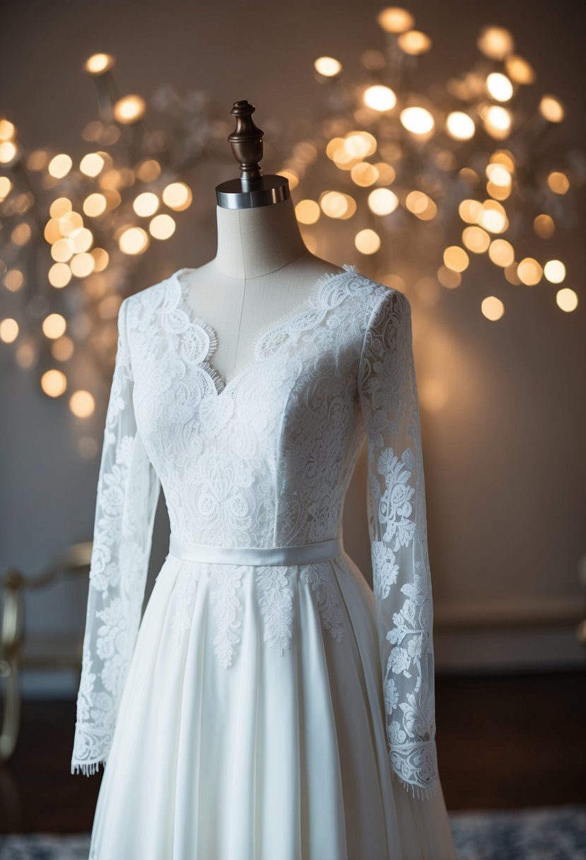 An elegant lace long sleeve Korean wedding dress on a mannequin