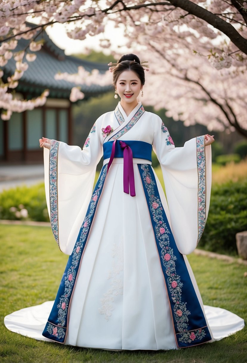 A traditional Korean wedding dress with intricate embroidery and flowing sleeves, set against a backdrop of cherry blossoms and a tranquil garden