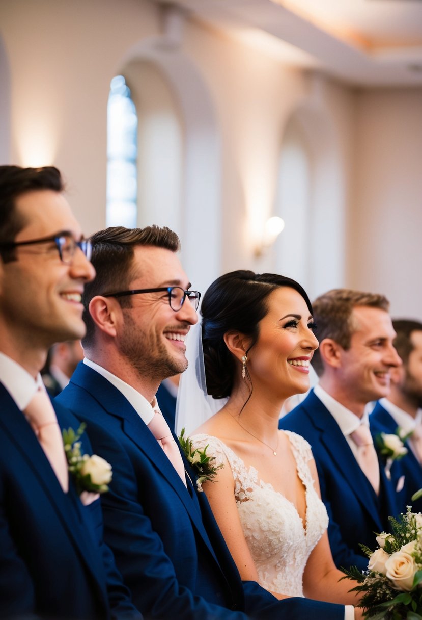 Guests lean forward, smiles and tears in their eyes, as the couple exchange heartfelt vows