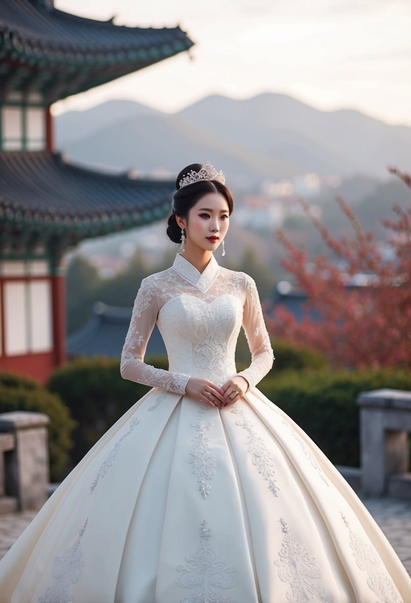 A princess ball gown with long sleeves, adorned with intricate Korean wedding dress details