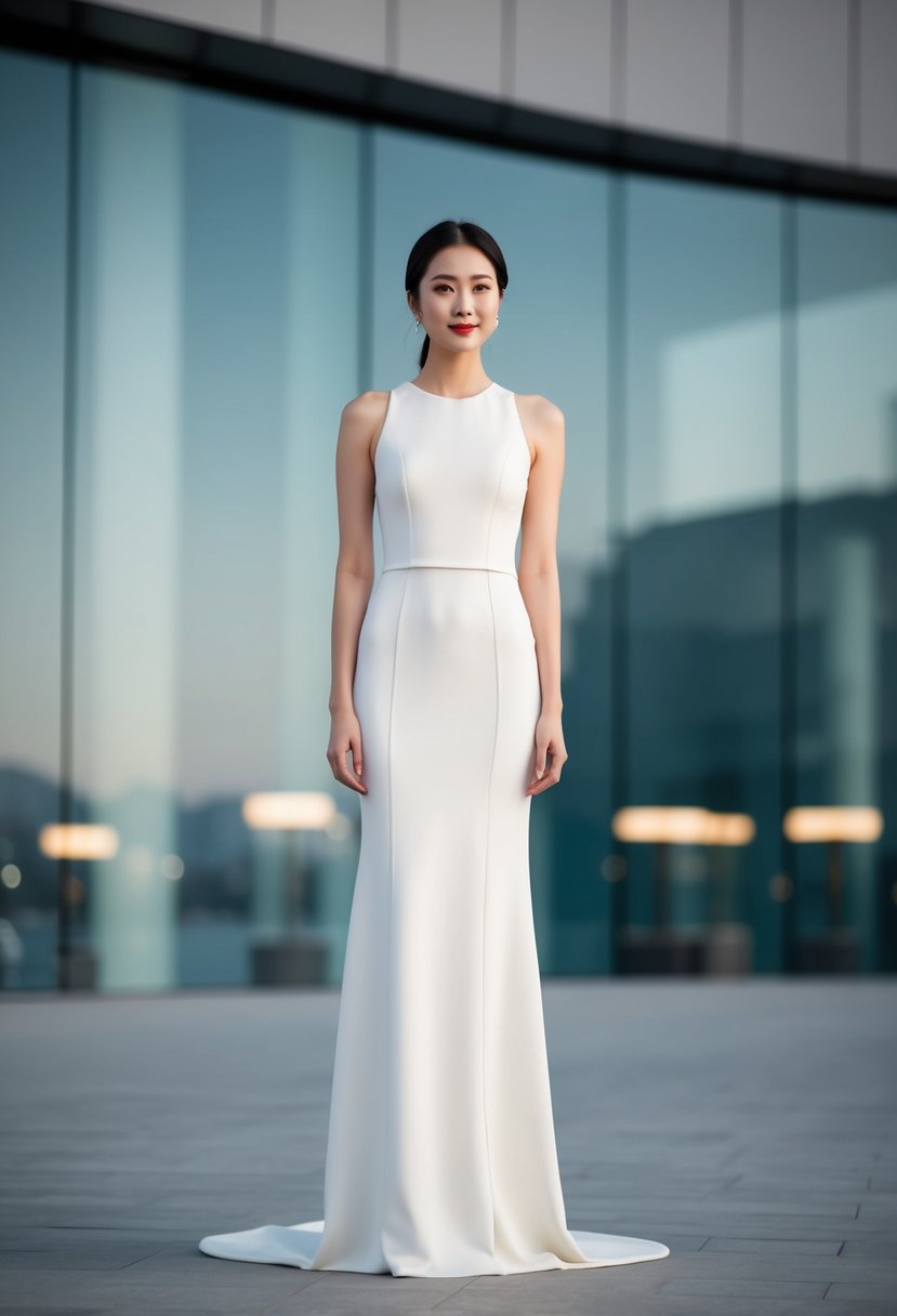 A sleek, white, floor-length dress with clean lines and minimal details, set against a modern backdrop with subtle Korean influences