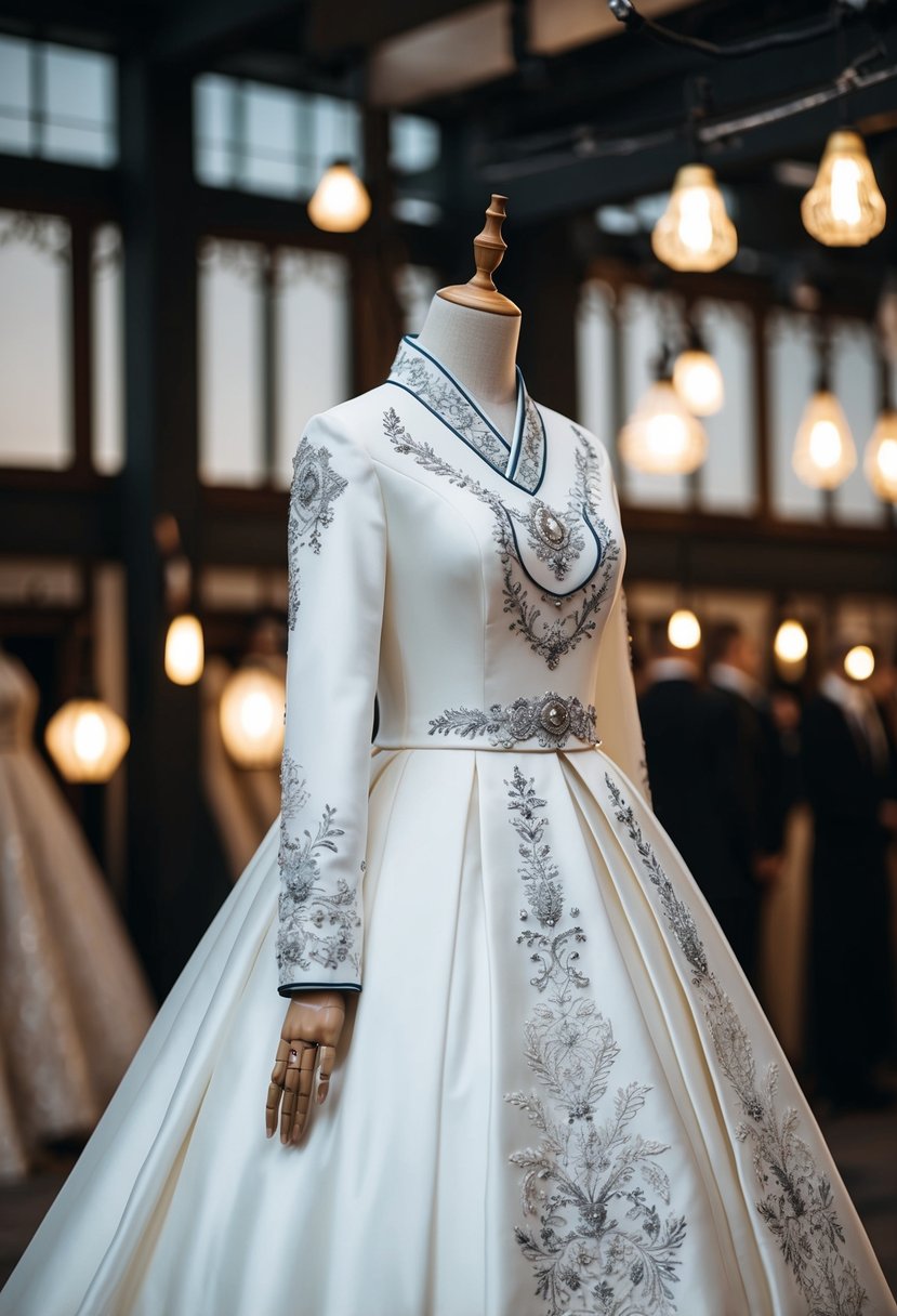 A long sleeve Korean wedding dress with intricate embroidery detail on a mannequin