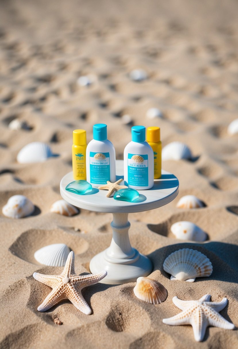 A sandy beach with seashells and starfish scattered around, a small table with beach-themed wedding favors like mini bottles of sunscreen and sea glass ornaments