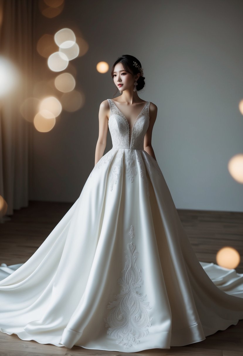 A flowing silk Charmeuse wedding dress with intricate Korean-inspired details