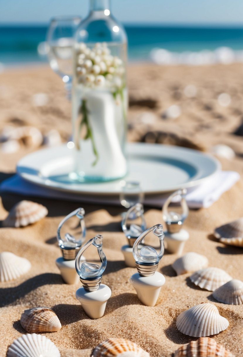 A sandy beach with seashells scattered around, a table set with seashell wine stoppers as wedding favors, and the ocean in the background