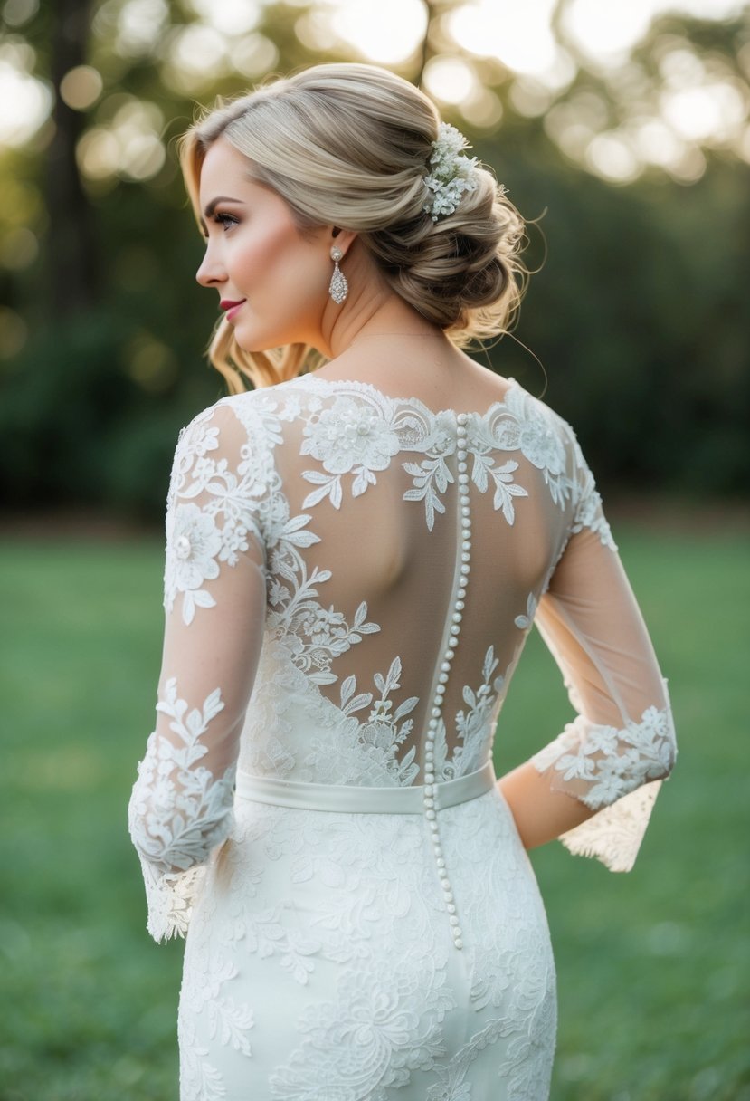 A delicate lace wedding dress with sheer illusion sleeves, adorned with intricate floral patterns