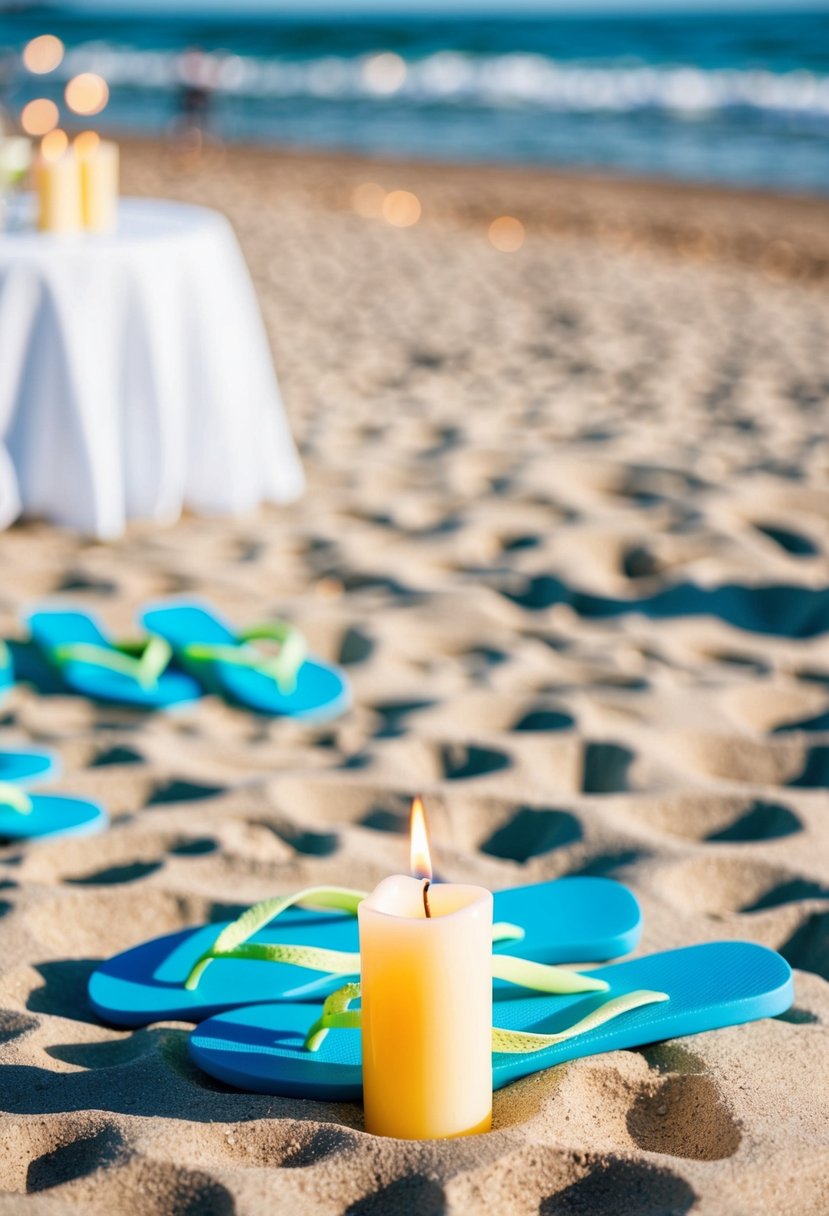 A sandy beach with a table set up for a wedding reception, featuring Flip Flop Candles as wedding favors