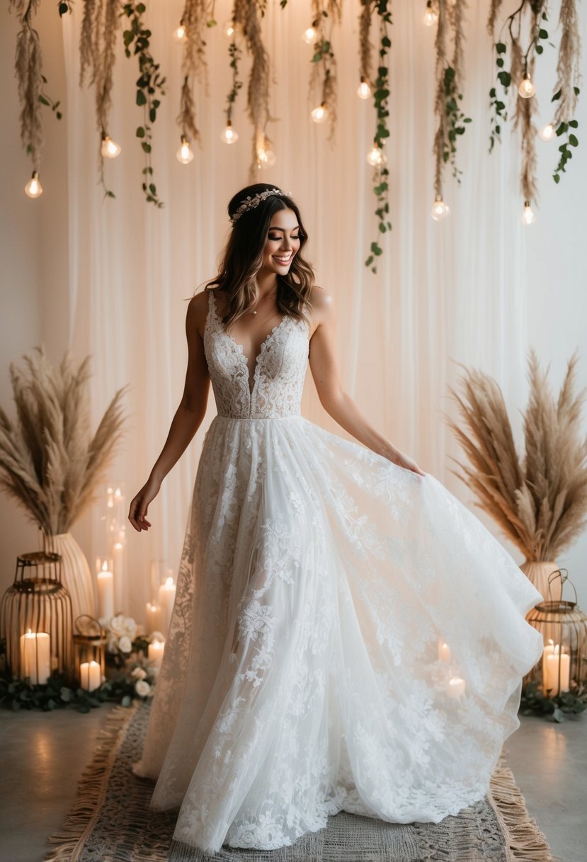 A bride twirls in a flowing lace wedding dress, surrounded by whimsical bohemian decor and soft, romantic lighting