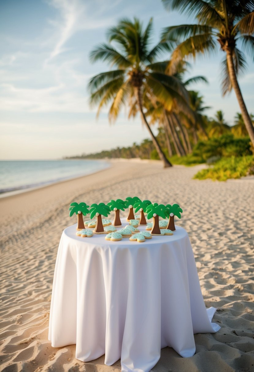 A sandy beach with a palm tree-lined shore, featuring a table adorned with palm tree-shaped cookies as wedding favors