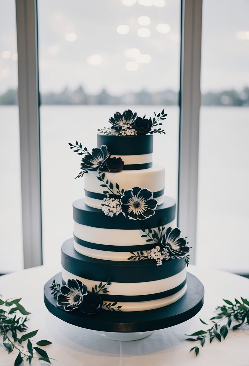 A black and white wedding cake with intricate floral designs and a tiered structure, set against a minimalist backdrop