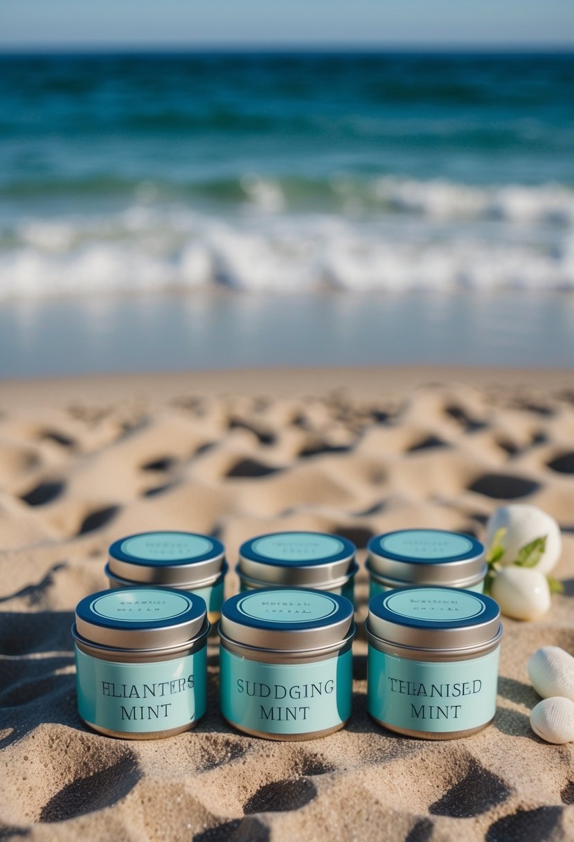 A sandy beach with a serene ocean backdrop, featuring personalized mint tins arranged on a table as wedding favors