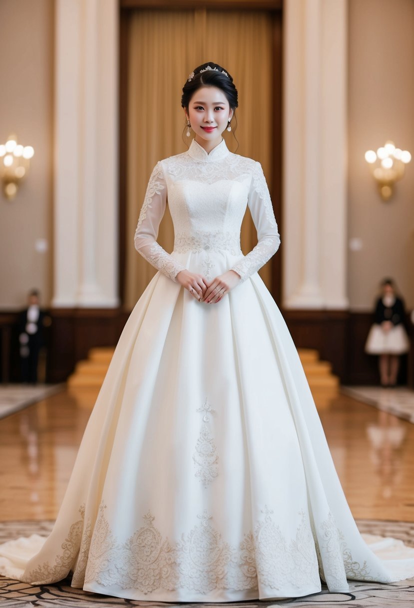 A bride stands in a grand ballroom wearing a high-necked, long-sleeved Korean wedding dress, adorned with delicate lace and intricate embroidery