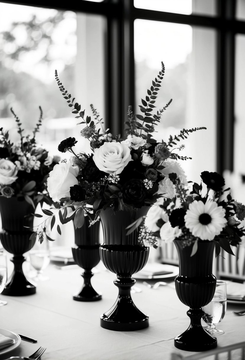 A table with monochrome floral arrangements in black and white vases for a wedding