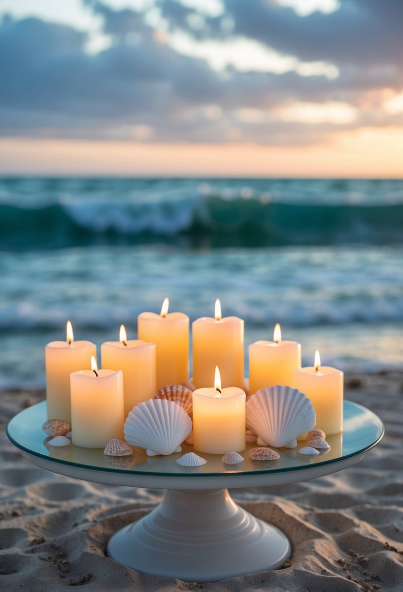 A sandy beach with seashell candles arranged on a table, surrounded by soft ocean waves and a sunset in the background