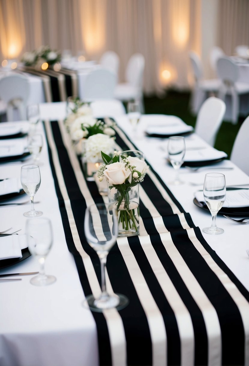 A black-and-white striped table runner lays across a sleek white table, creating a modern and elegant look for a wedding reception